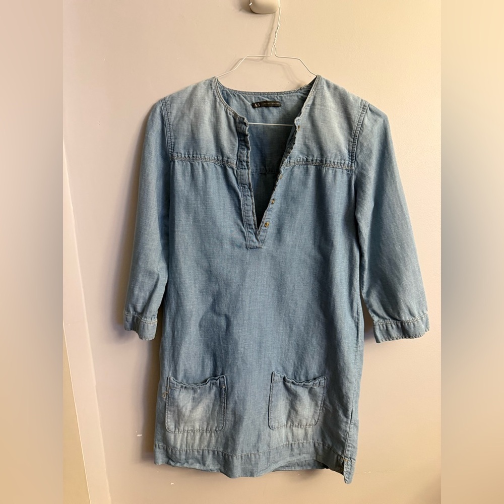 AX Armani Exchange Chambray Tunic Dress Cotton Linen Blue Size S